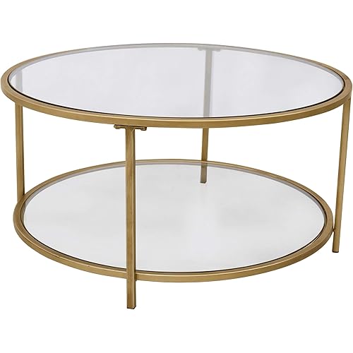 Amazon Com Amazon Brand Ravenna Home Parker Round Shelf Storage Coffee Table 31 5 W Glass And Gold Furniture Decor