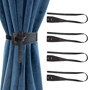Leather Curtain Tiebacks,Set of 4 PU Leather Curtain Buckle Curtain Holdbacks Classic Ties Taping Curtain Rope Tieback Home Office Living Room Window Curtain Buckle Cords Black KEY09-0046
