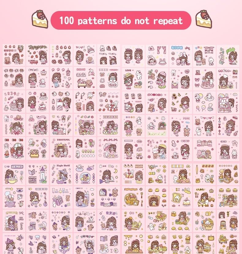 DME SALES Sweet Party Theme Kawaii Self Adhesive Floor Stickers -100 Sheets PVC Cute Washi Sticker for Project, Japanese Style Girls Sticker Set, Scrapbooking, DIY Arts Crafts - 18 x 18 x 2 CM 3