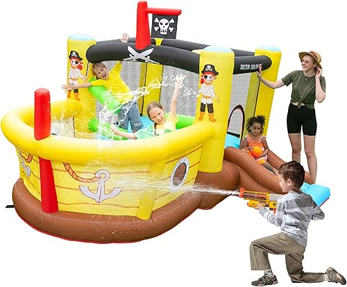 Miniatura 5 de Doctor Dolphin Bounce House - Tobogán inflable con obstáculos – Soplador – Tema de barco pirata – Pista de pelotas – Aro de baloncesto, gorilas