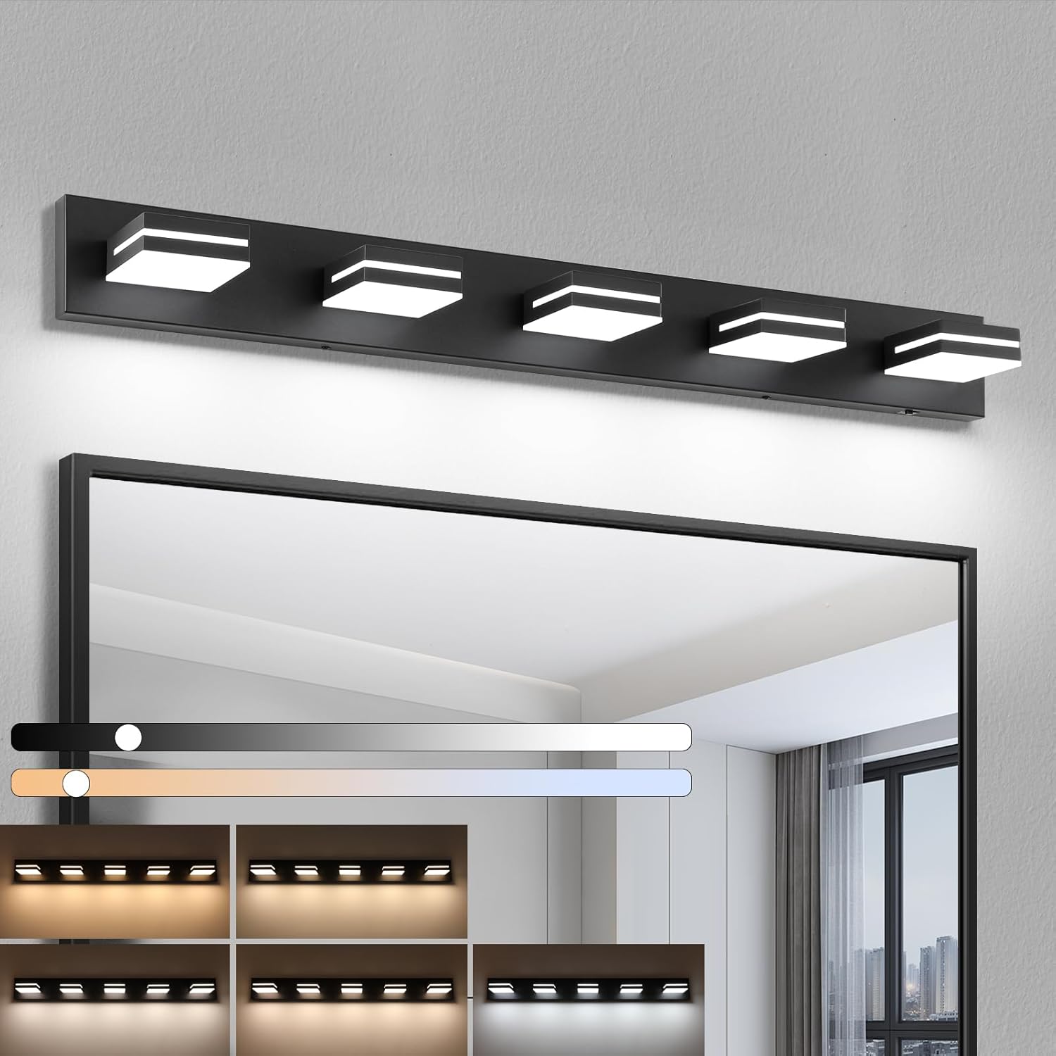 Bathroom Vanity Lighting Fixtures Over Mirror (5-Light, 40-Inch) Dimmable Modern LED Bathroom Wall Lighting Fixtures, Matte Black (3000K/3500K/4000K/5000K/6000K)