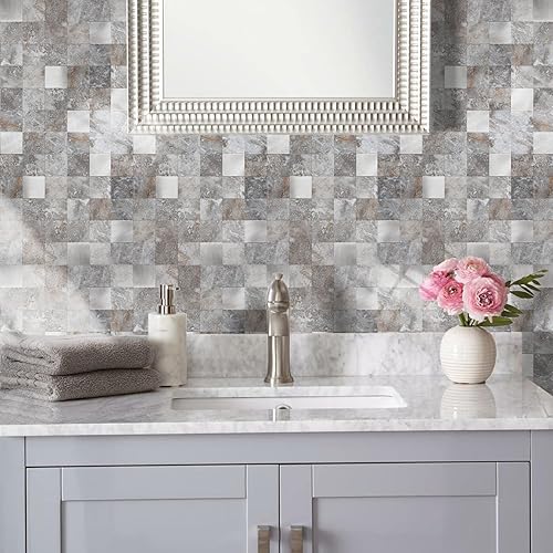 Miniatura 5 de STICKGOO Azulejos autoadhesivos para salpicaduras de pelar y pegar, para cocina y baño, azulejos de pared autoadhesivos de metal mixto de PVC (10