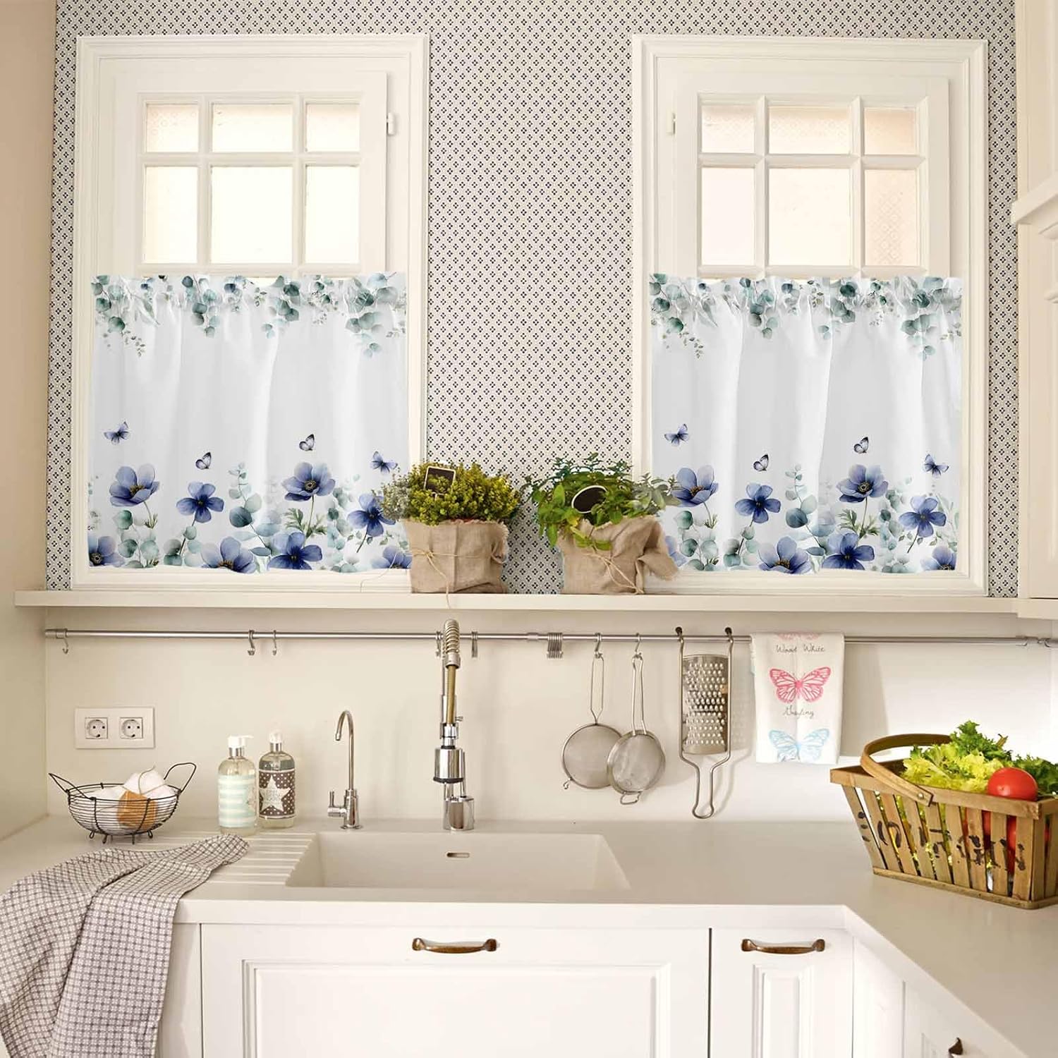 Flowers Tier Curtains - 2 Panels Rod Pocket Valance Curtains Half Window Curtain Tiers for Bathroom Kitchen Cabinet Rod Pocket, Blue Tulip Butterfly Eucalyptus Leaves