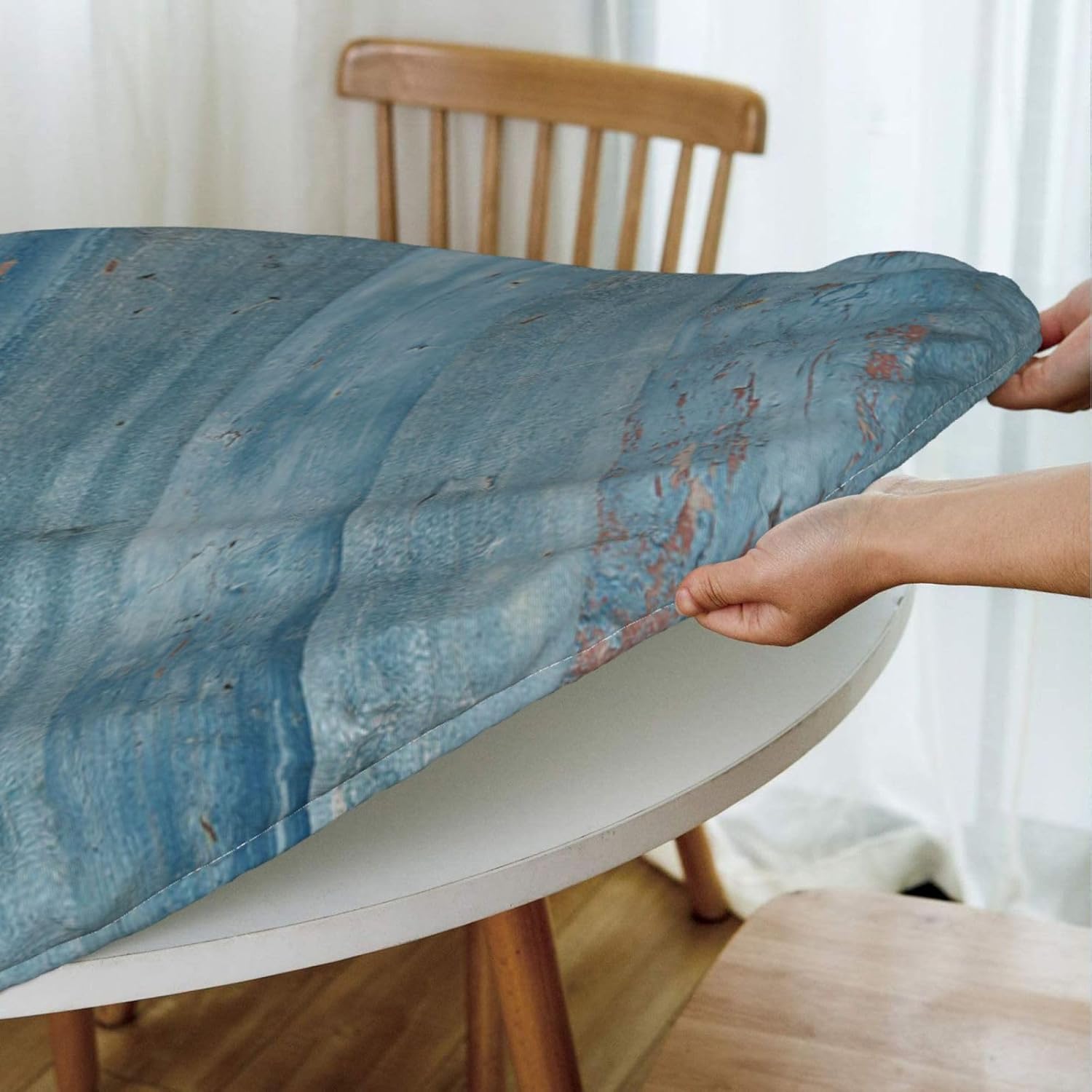 Round Fitted Table Cover Blue Wood Background Stretch Tablecloth with Elastic Edged for Dining Picnic Patio, Fit for Diameter 56.2"-60.1" Round Table