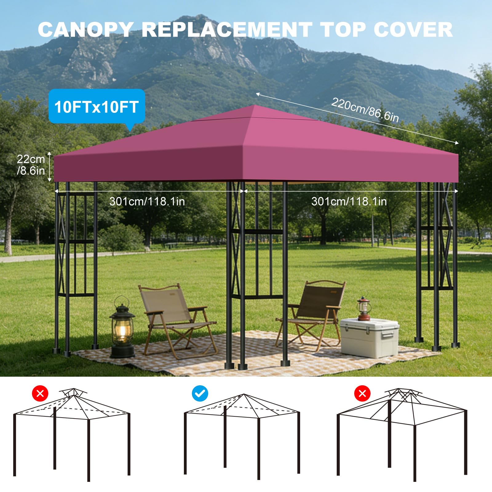 Telo di Ricambio per Gazebo 3x3m, Impermeabile e Anti-UV 300D, Copertura Rimovibile per Pergola con Fascette in Velcro Rinforzate, Ideale per Giardino, Terrazza, Campeggio e Spiaggia,Rosso