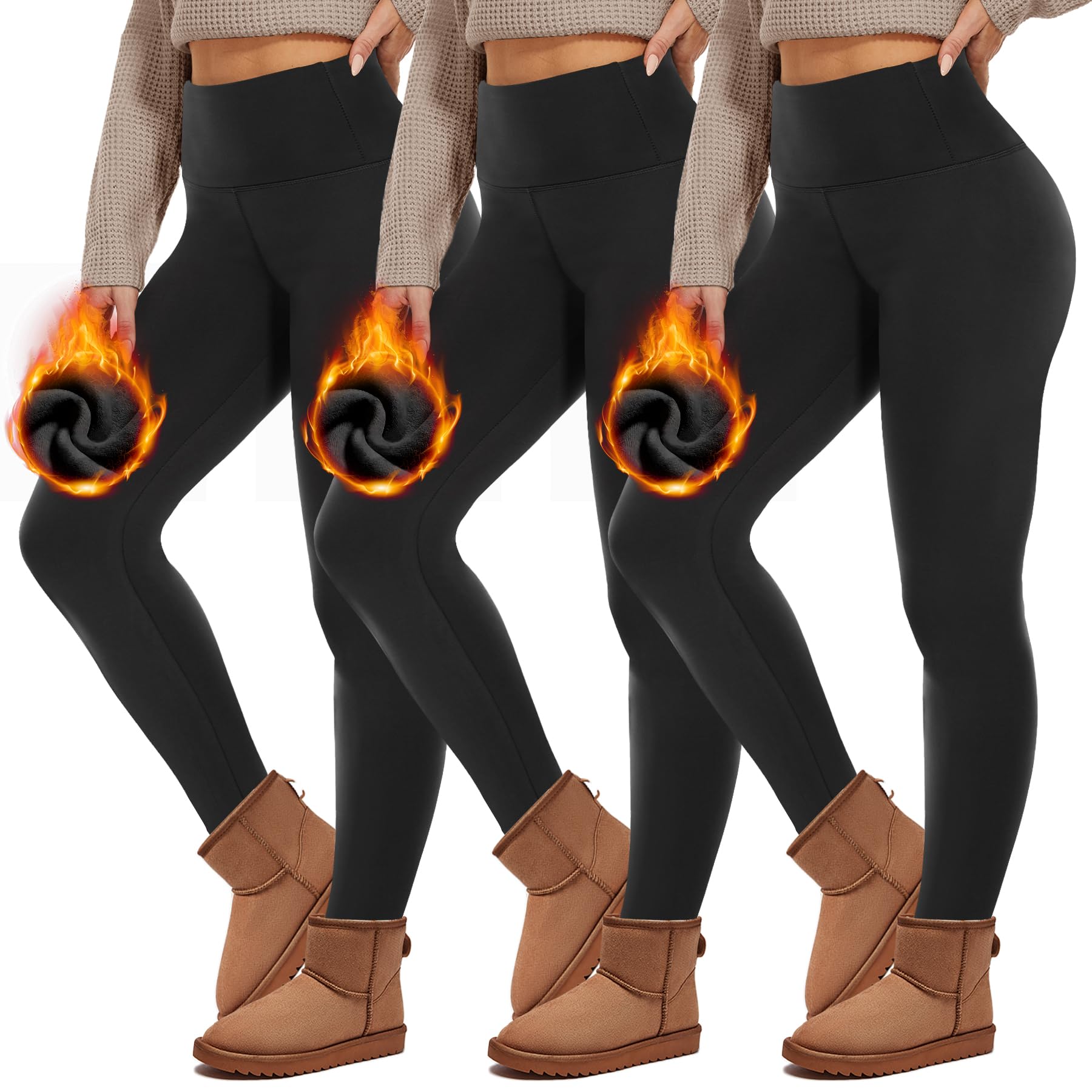 HIPOWER Pack de 3 leggings térmicos para mujer con bolsillos, con forro, de cintura alta, forro polar, cálidos, opacos, negros, ropa interior térmica, para correr, yoga
