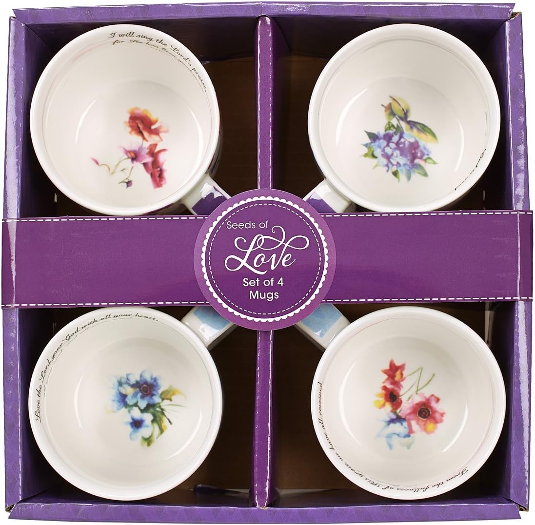 Promo Discount Up To 70% Off Christian Art Gifts Ceramic Coffee/Tea Mug Set for Women | Seeds of Love Garden Blooms Design Bible Verse Mug Set | Boxed Set/4 Coffee Cups