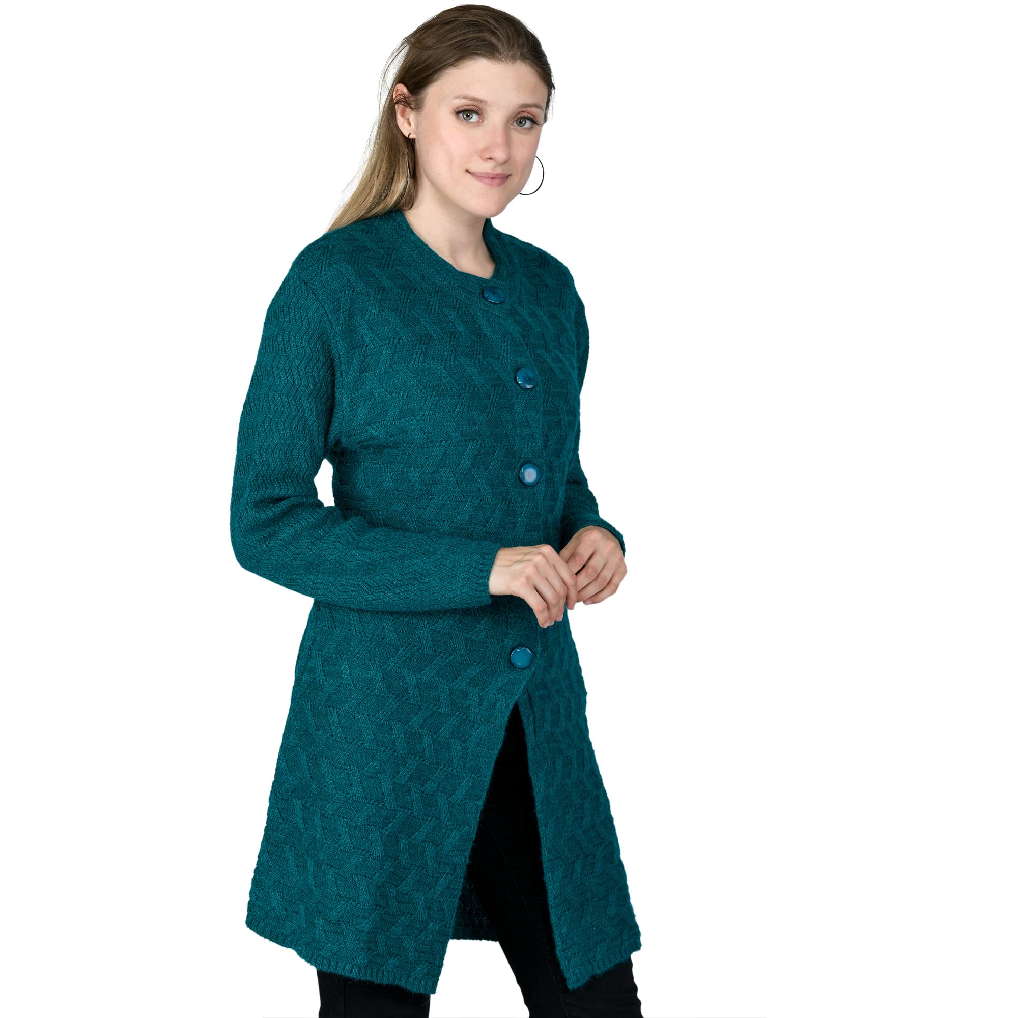 Women Woolen Long Self Coat Warm Fabric Cardigan Winter Wear Pure Wool Solid Sweater For Women Rainbow Wool Free Size Cotty With Side Pockets-image-18