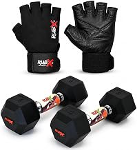 RUBX Rubber Coated Professional Exercise Hex Dumbbells (5 Kg x 2pc (Total = 10 kg + Black Leather Gloves))