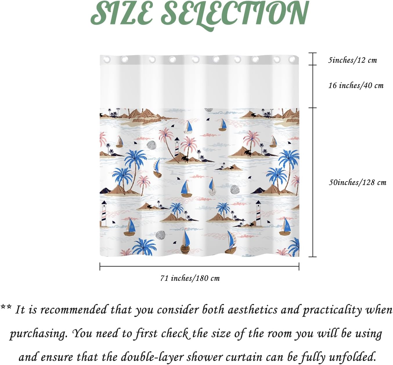 71x71 Inch Without Hook Nautical Shower Curtain and Liner Set Sailboat Palm Tree Lighthouse Vacation Snap in Shower Curtains for Bathroom Tropical Island Holiday Ocean Botanical Bathroom Set