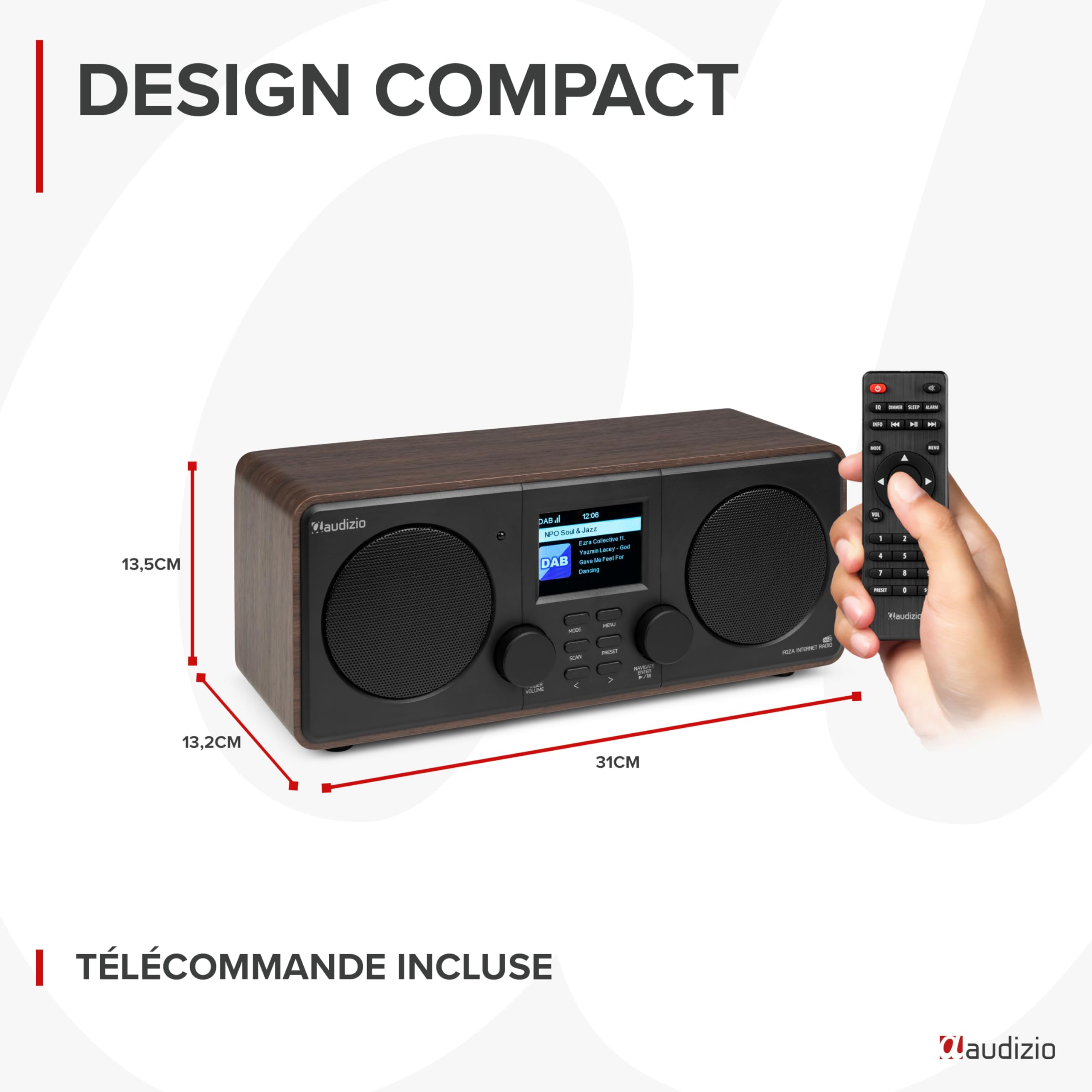 Audizio Foza - Radio Internet WiFi Stéréo, Dab+/FM et BT 5.0 - Noyer, Radio Réveil, Lecteur MP3 USB, Une Radio Idéale pour Écouter Les Radios du Monde Entier Depuis chez Vous