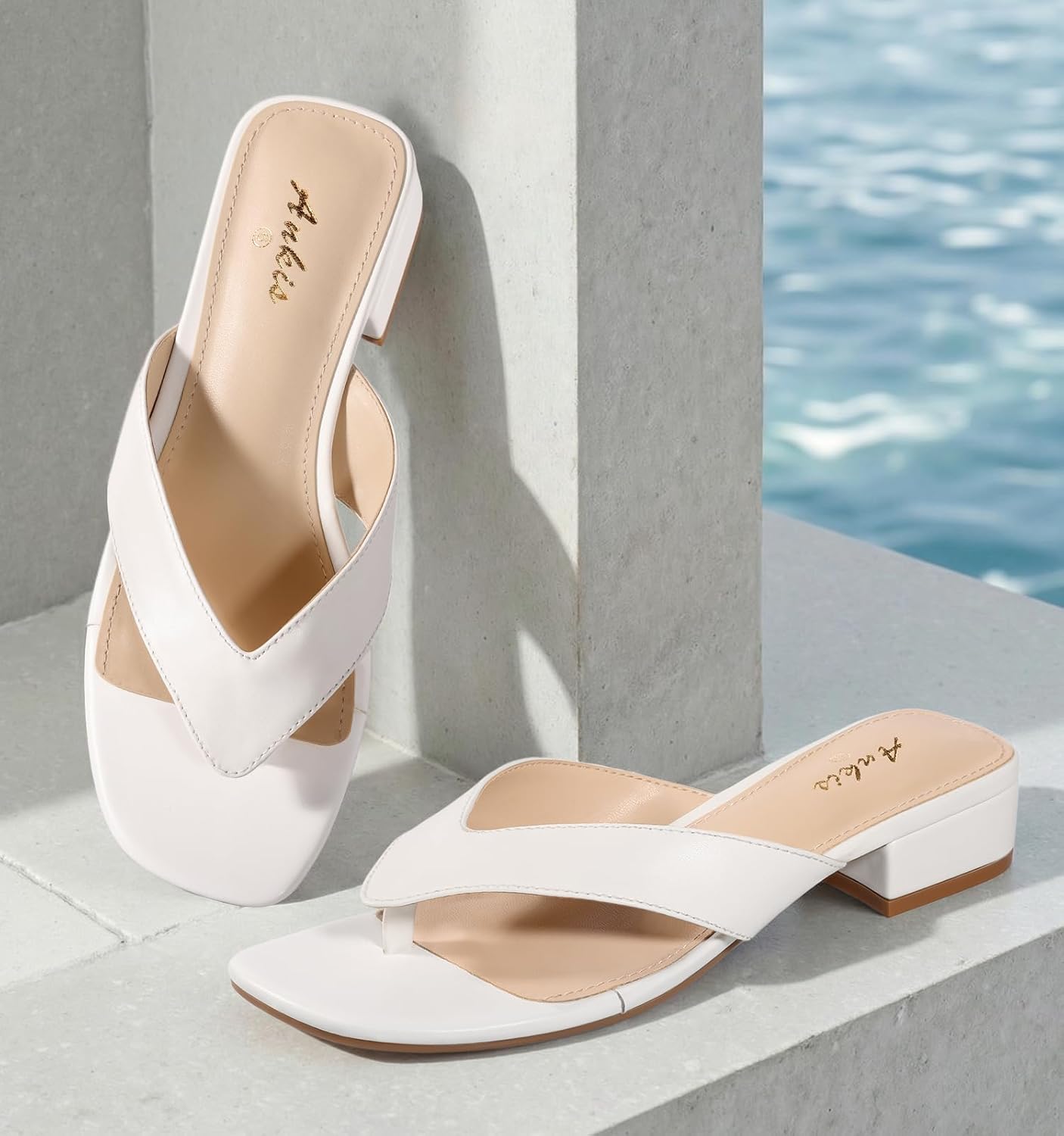 Ankis Black White Heels for Women Square Open Toe Sandals Flip Flop Thong Low Heels 1 Inch Heeled Sandals for Women - Image 3