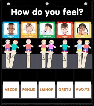 Eamay Emotions and Feelings Pocket Chart for Kids with 31 Cards,Social Emotional Learning Pocket Chart for Classroom and Home-School,Black Black