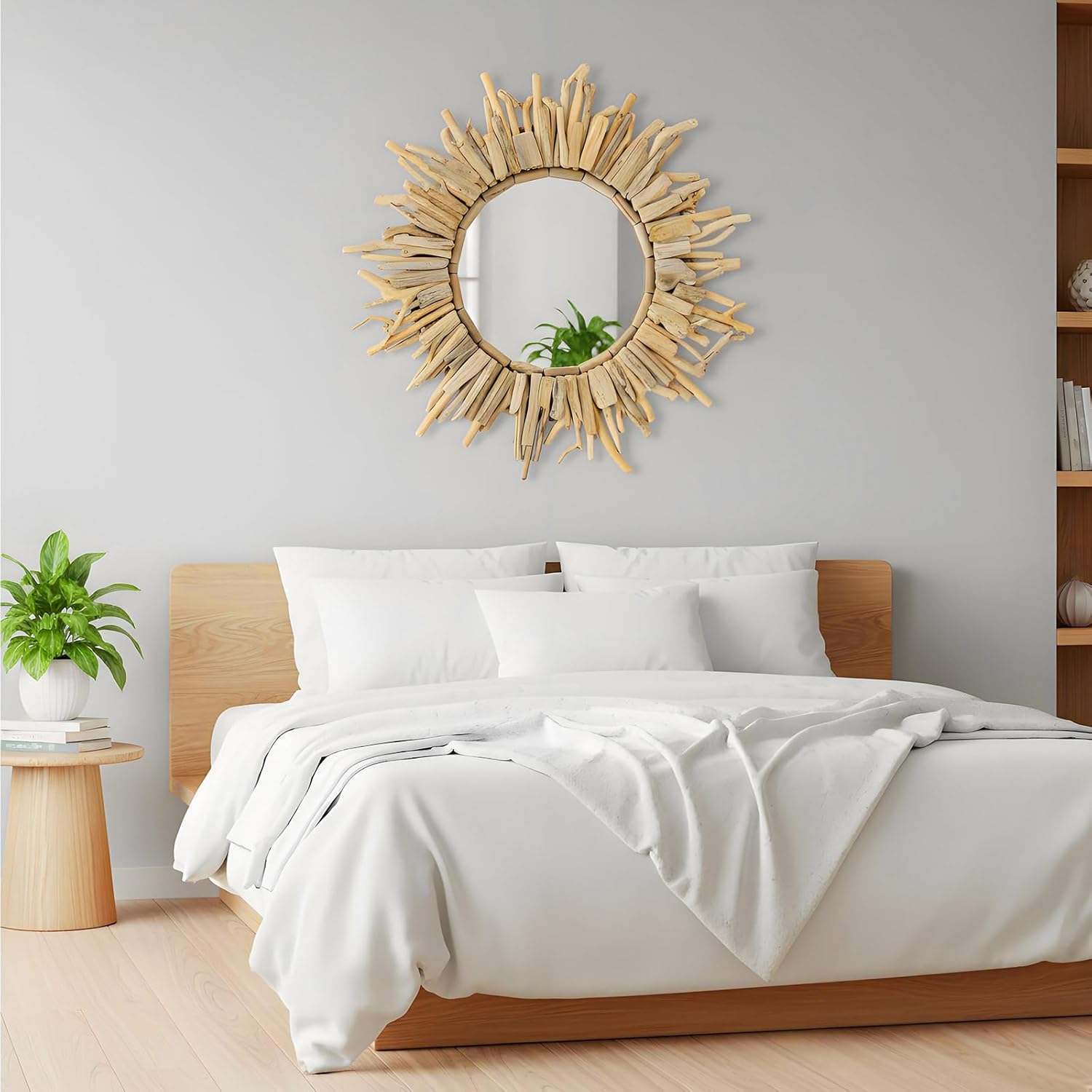 24 Inch Large Driftwood Wall Mirror Decorative Boho Sunburst, Rustic Natural Wood Coastal Farmhouse Wall Decor Frame for Entryway Bathroom, Living Room, Housewarming Gift