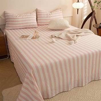 Queen Size Flat Sheet Polyester, Stripe Bed Flat Sheets Light Pink, 79"x91"
