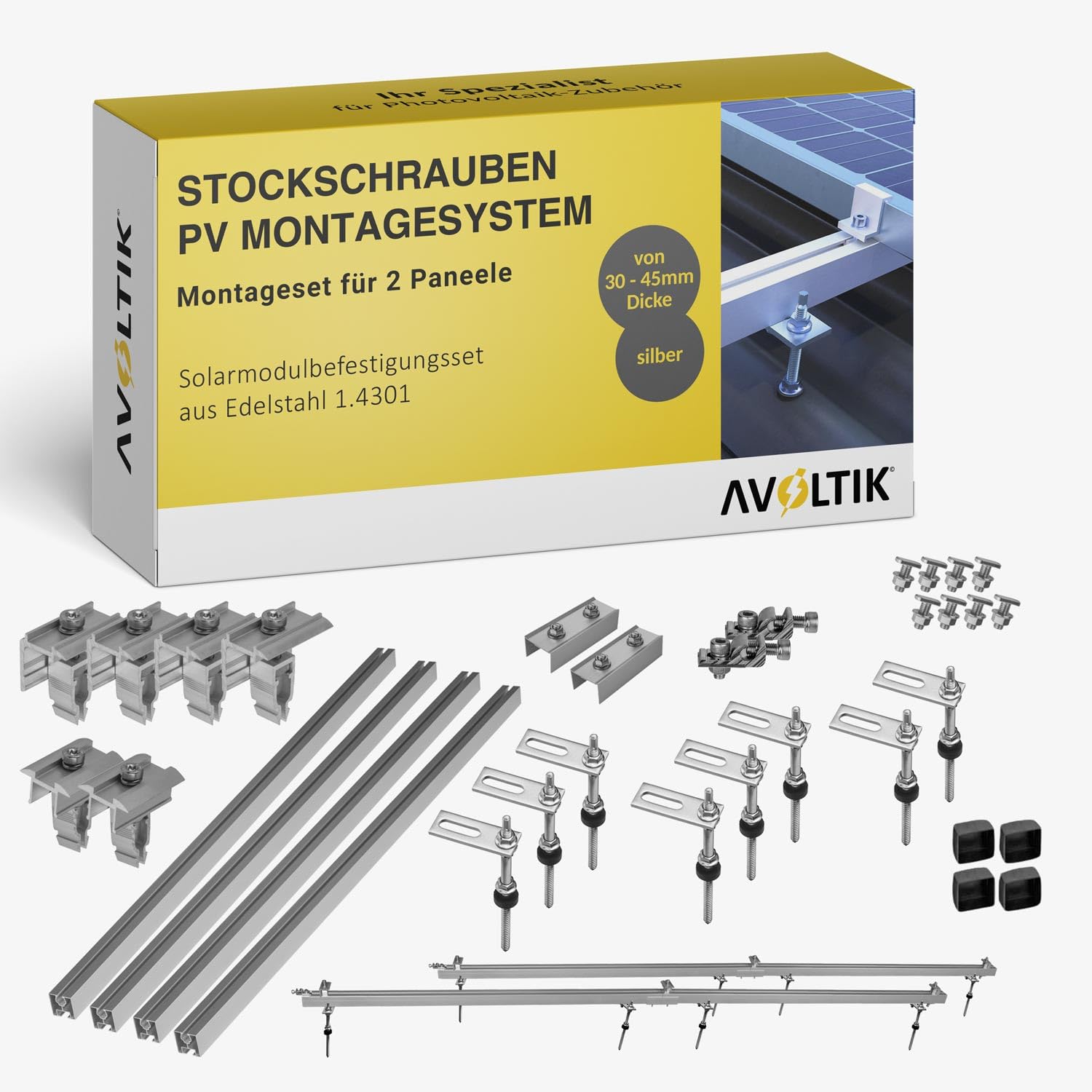PV Halterung Blechdach Montageset – Balkonkraftwerk – inkl. 200 mm Stockschrauben M10, EPDM-Dichtung, 1,25 m Aluschienen & Modulhalter – für Trapez- & Wellblech