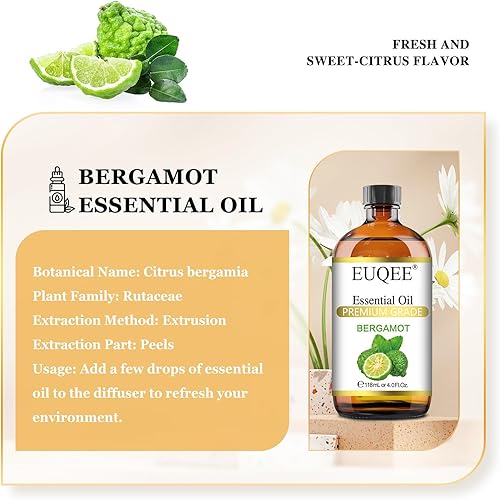Miniatura 2 de EUQEE Aceite esencial de bergamota 118ml, aceite puro de bergamota para aromaterapia, difusor, fabricación de velas Sopa, botella grande con caja de