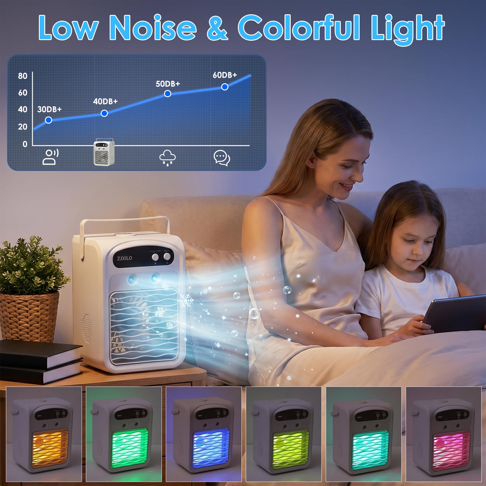 Mobile Klimaanlage Luftkühler, Mini Klimaanlage, Mobile Klimagerät, Klimaanlage Mobil, 1000ml Wassertank 7 Farben Licht, mit Sprühfunktion, Griff, Leise, für Schlafzimmer Büro