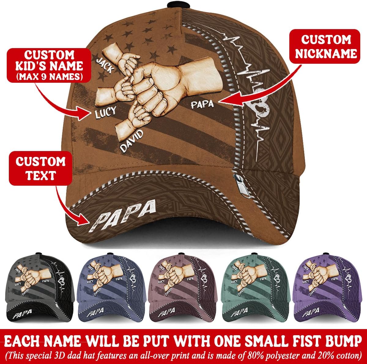 Custom Papa Hats, Personalized Daddy Hat, Customized Dad Hat, Personalized Fathers Day Hat, Fist Bump Hat