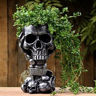 Skull Planter Gothic Home Decor, Cool Planters for Halloween Decorations Indoor/Outdoor Plants, Flower Pots, Plant Pots, Flower Pot, Plant Pot, Unique Statue Vase with Drainage(Tall Black Vases)