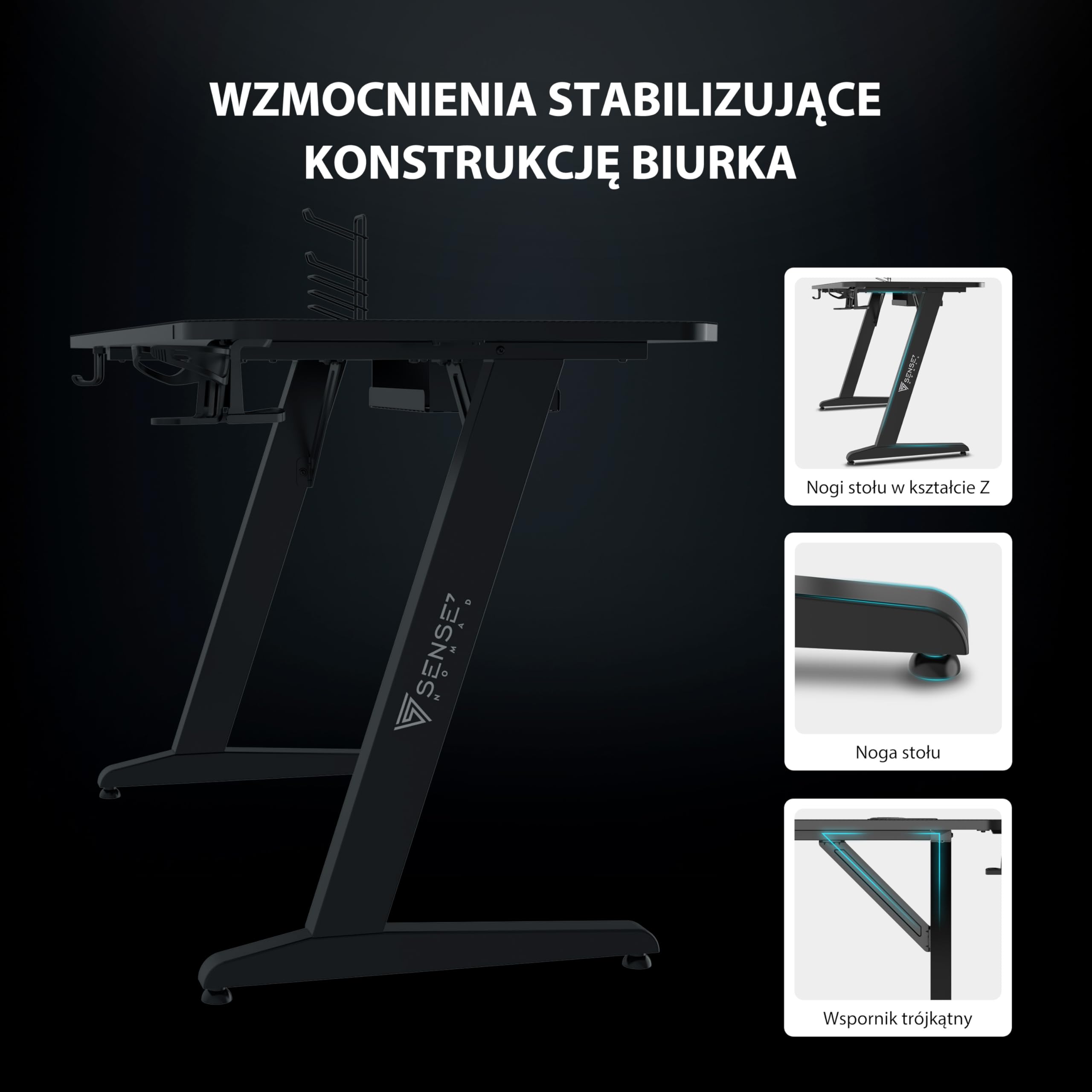 SENSE7 Biurko Gamingowe 140 x 60 cm z Uchwytem na Słuchawki, Kubek i Kontroler, Blat z Powłoką Carbon, Czarne Biurko dla Graczy, Udźwig do 80kg (Nomad Basic)