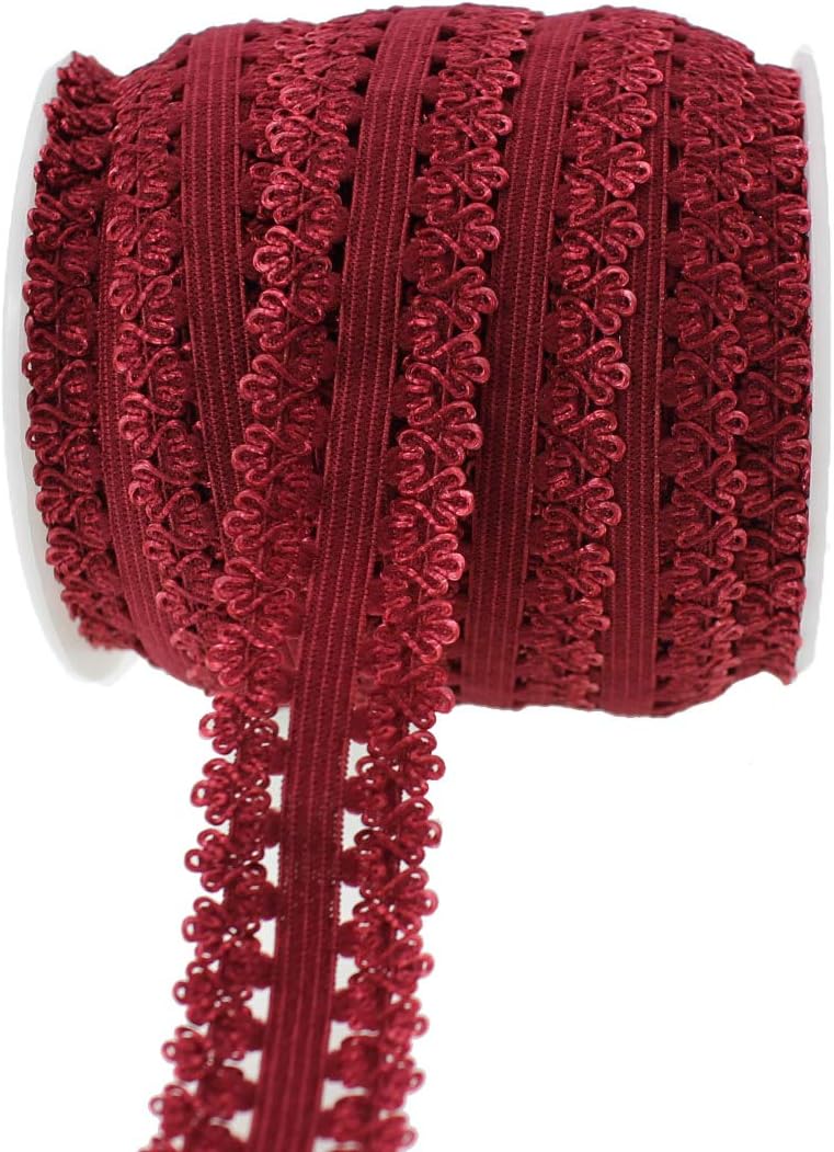 PAMIR TONG Frilly Elastic Headbands - Picot Edge Stretch Lace Soft Ribbon Webbing Trim for Sewing and DIY Crafts - 16 Yards 3/4 Inch (Maroon)