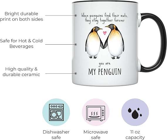 YouNique Designs Sentimental Mug for Boyfriend, 11 Ounces, I Love You Coffee Cup for Him, Penguin Mug (Black Handle)