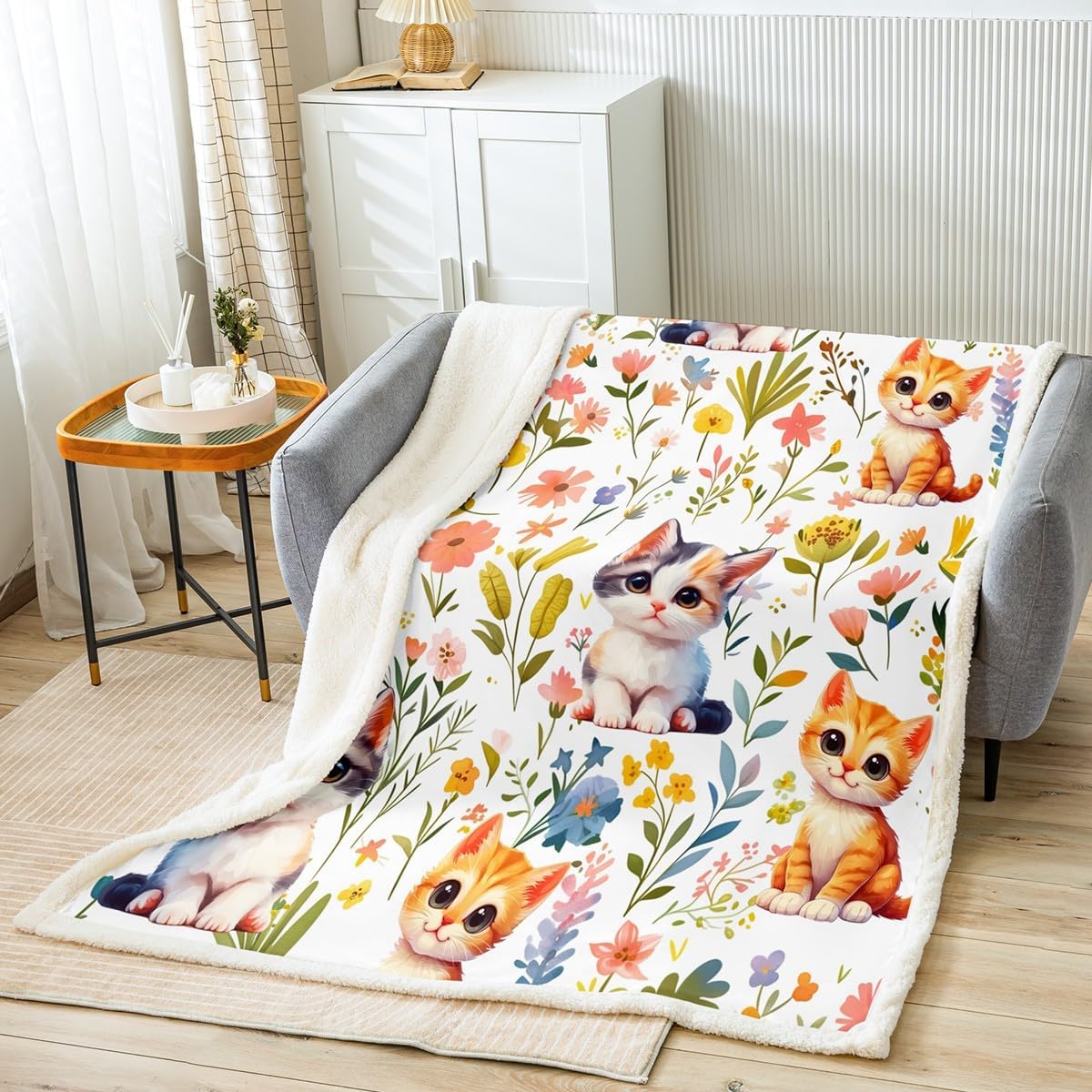 3D Cat Print Flannel Blanket,Cartoon Animals Cute Cat Kawaii Pet Fuzzy Blanket for Children Present,Watercolor Flowers Leaves Painting Polyester Throw Blanket for Couch, Twin Size (60 x 80 Inch)