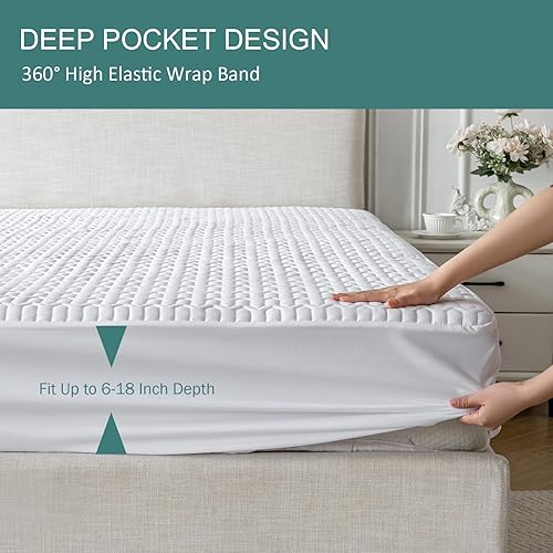 Miniatura 6 de Protector de colchón impermeable tamaño King, funda de colchón con bolsillo profundo ajustable de hasta 6 a 18 pulgadas de profundidad, funda de