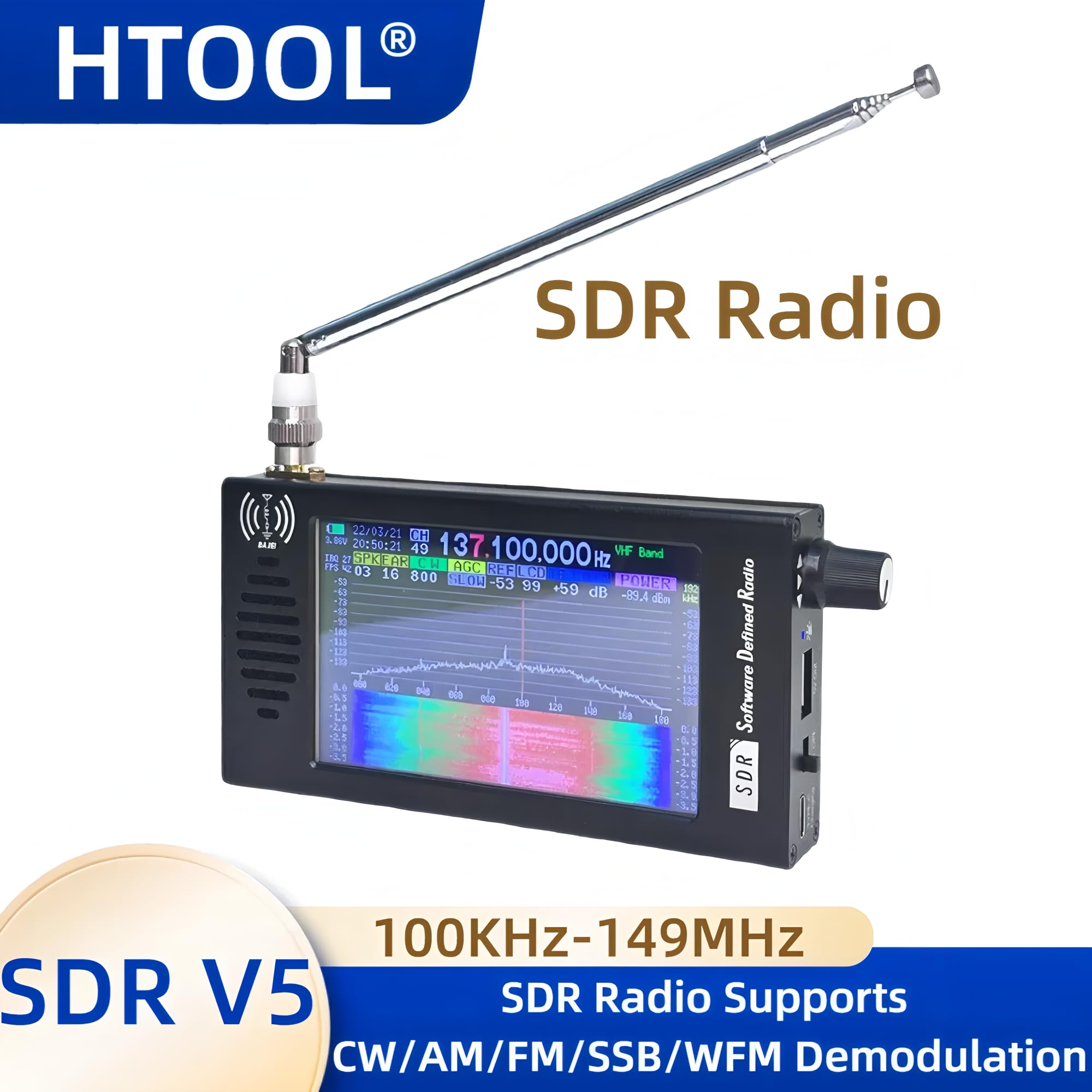 HTOOL SDR V5 Radio-Kurzwellen-DSP-Digital-FM-Radioempfänger, Transceiver SDR DSP Demodulation mit Farbdisplay (SDR V5)