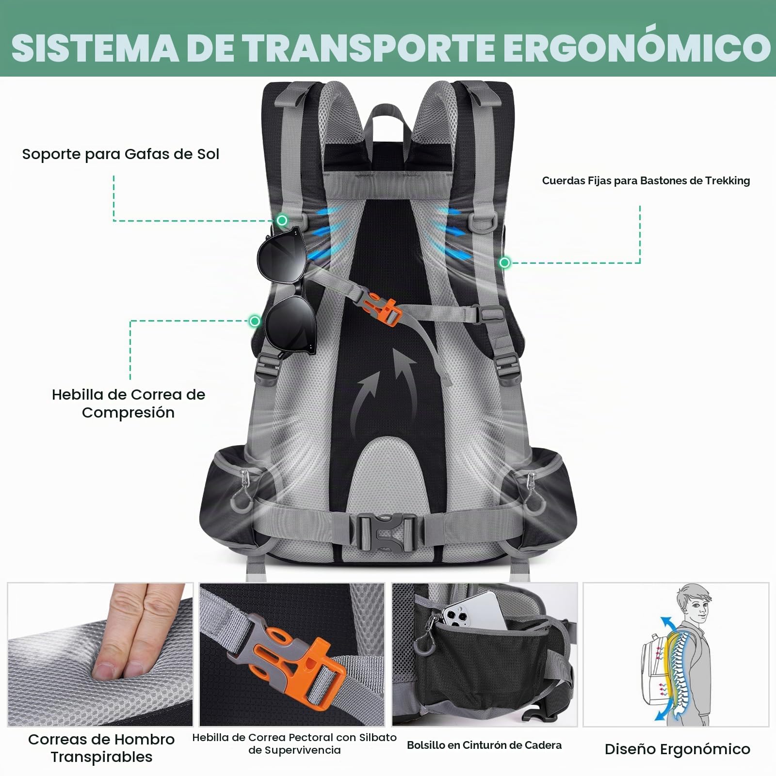 Mochila Senderismo Hombre Impermeable 50L Mochila de Camping Ligera Negro