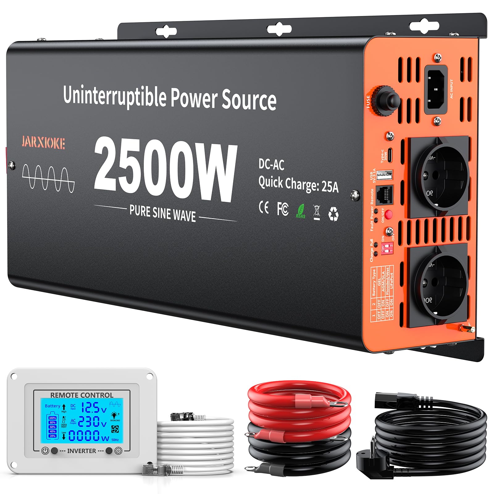 Falownik 2500 W, 12 V na 230 V, czysty sinus z przełącznikiem priorytetowym i funkcją ładowania 25 A i USV, przetwornica napięcia z pilotem LCD, USB-A, USB-C 30 W, do samochodów ciężarowych