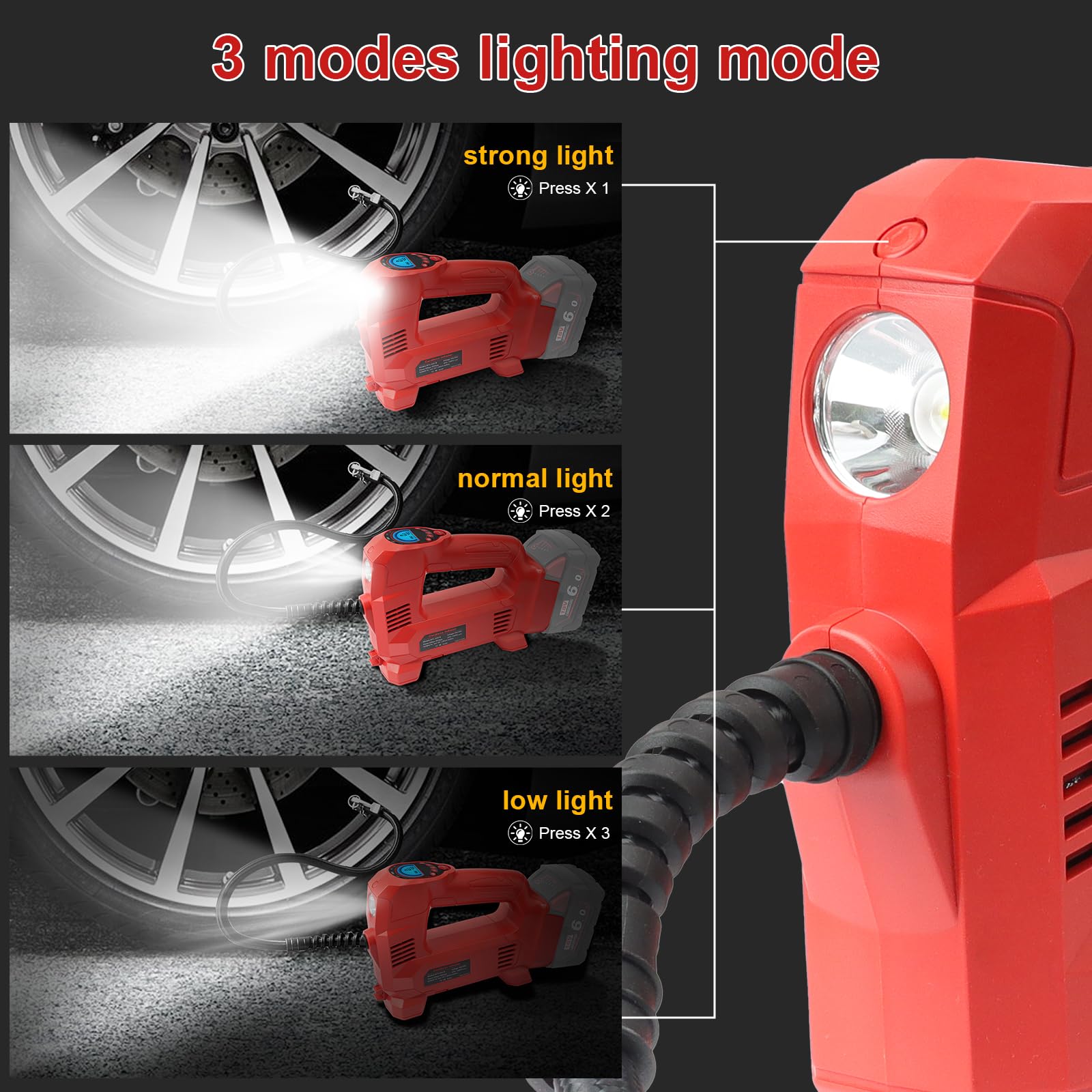 QUPERR Akku Kompressor kompatibel mit Milwaukee M18 Akkus, Elektrischer Luftkompressor bis 10,34 bar mit LED-Licht & Autostopp, Tragbare Luftpumpe für Auto, Motorrad, Fahrrad, Bälle (ohne Akku)