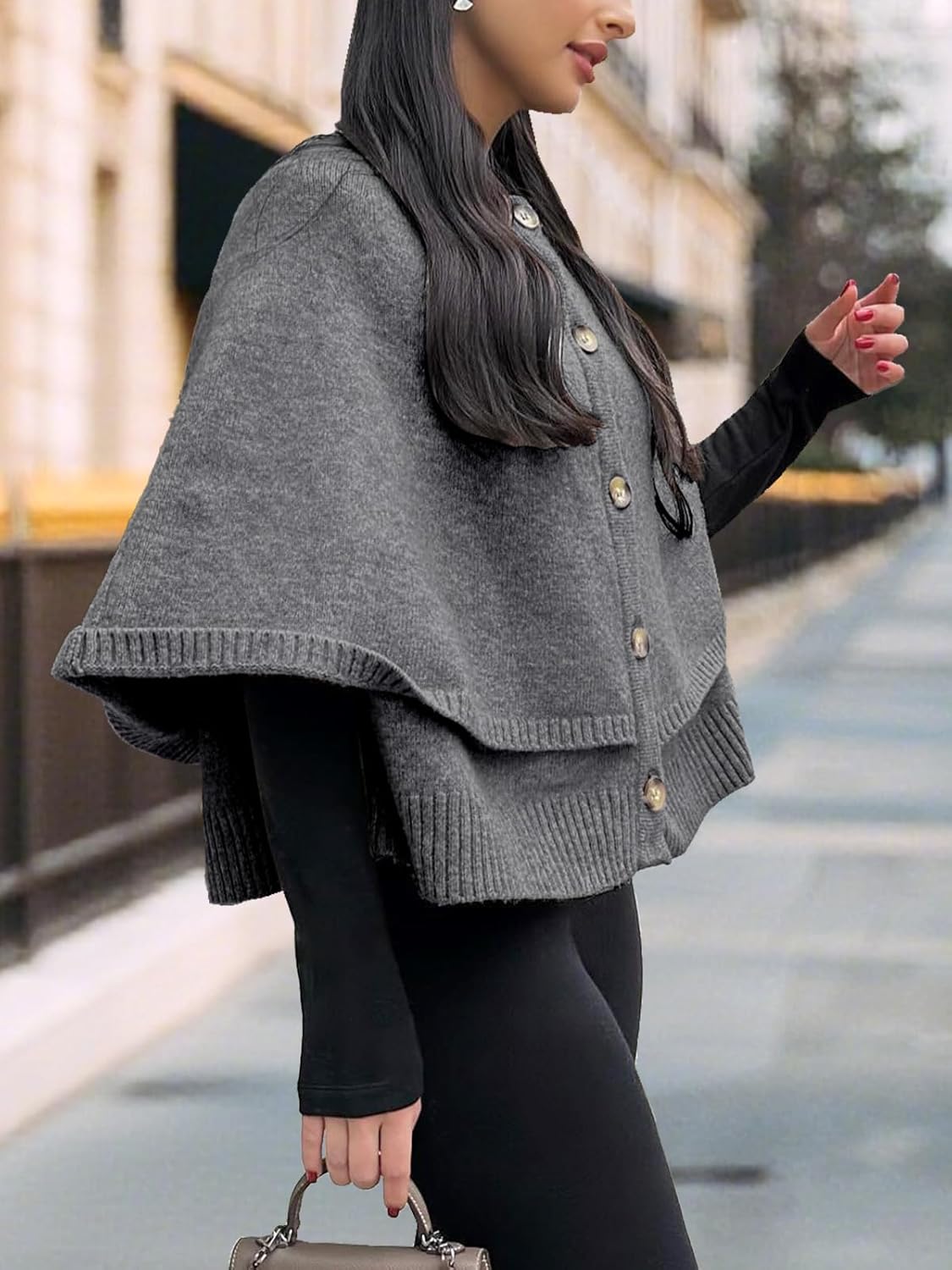 KEOMUD Women Cape Sweater Casual Cropped Cardigan Button Up Knit Poncho Sweater Shawl for Fall Winter - Image 4