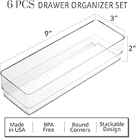 Vista 2 de STORi SimpleSort 6-Piece Stackable Clear Drawer Organizer Set 9" x 3" x 2" Rectangle Trays Narrow Makeup Vanity Storage Bins and Office Desk
