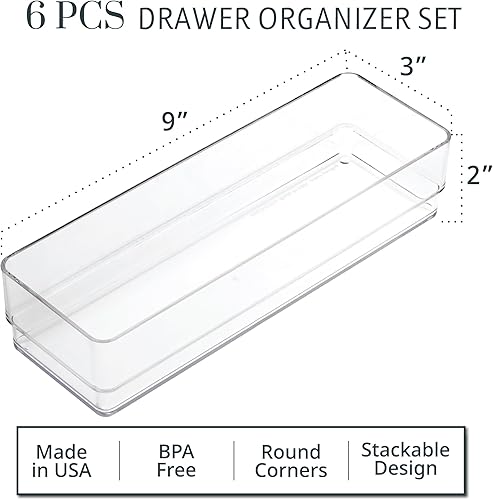 Miniatura 2 de STORi SimpleSort 6-Piece Stackable Clear Drawer Organizer Set 9" x 3" x 2" Rectangle Trays Narrow Makeup Vanity Storage Bins and Office Desk