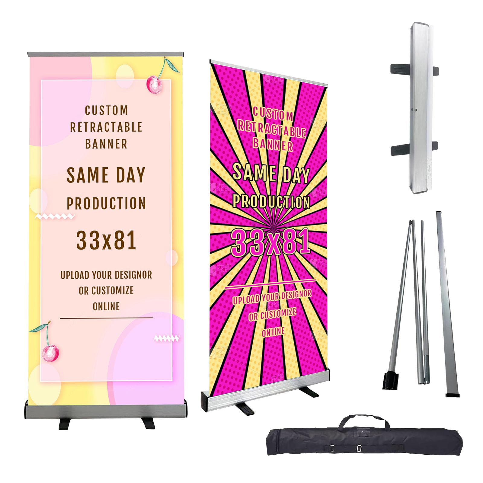 Personalized Roll Up Banner 33.5"x81" Portable Advertising Display with Aluminum Stand & Display Stand for Promotions, Festivals, and Business Events