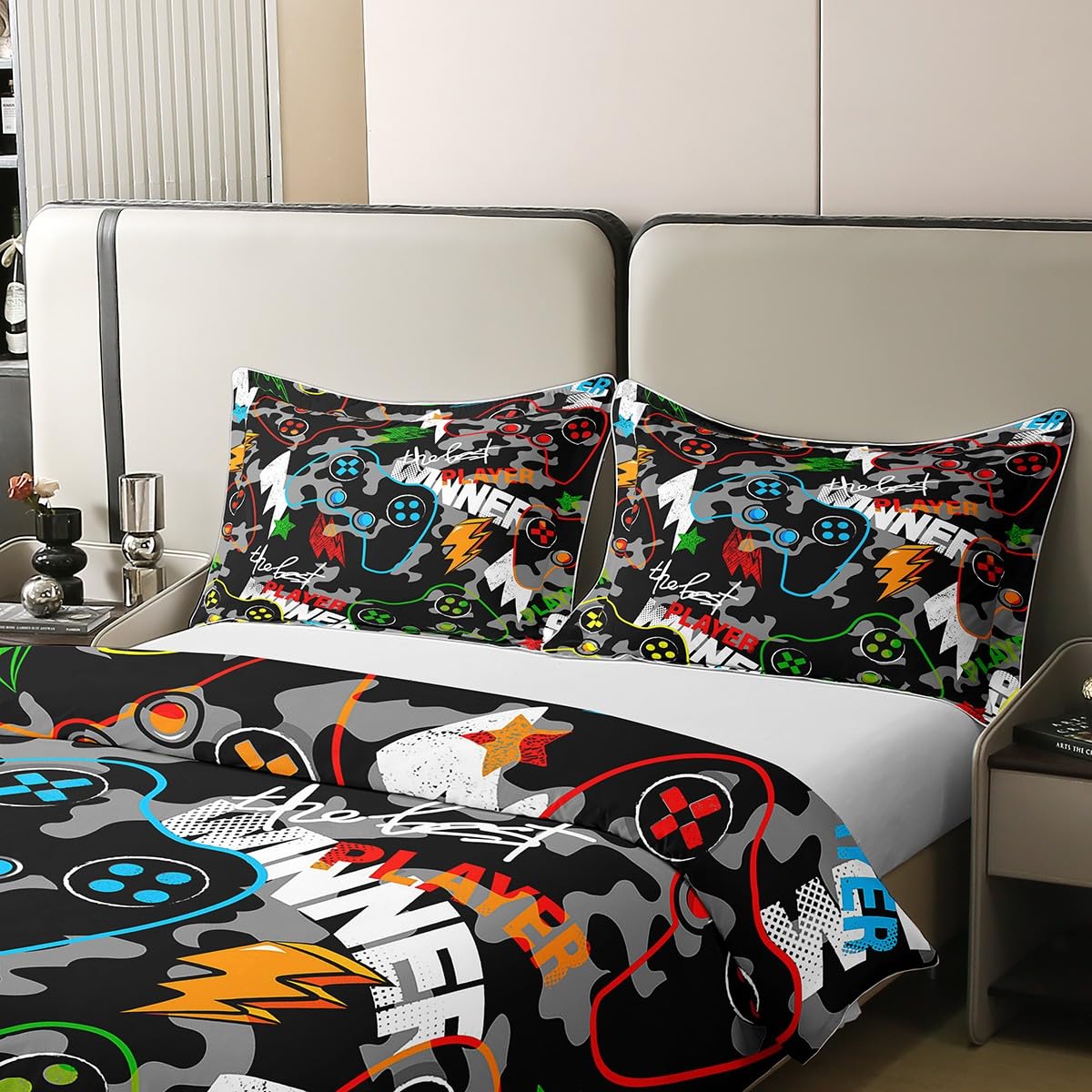 Homemissing Copripiumino Gamer 220 x 240 cm in Cotone Camouflage Videogiochi per Ragazzi Adolescenti-Grigio Camo Gaming Traspirante