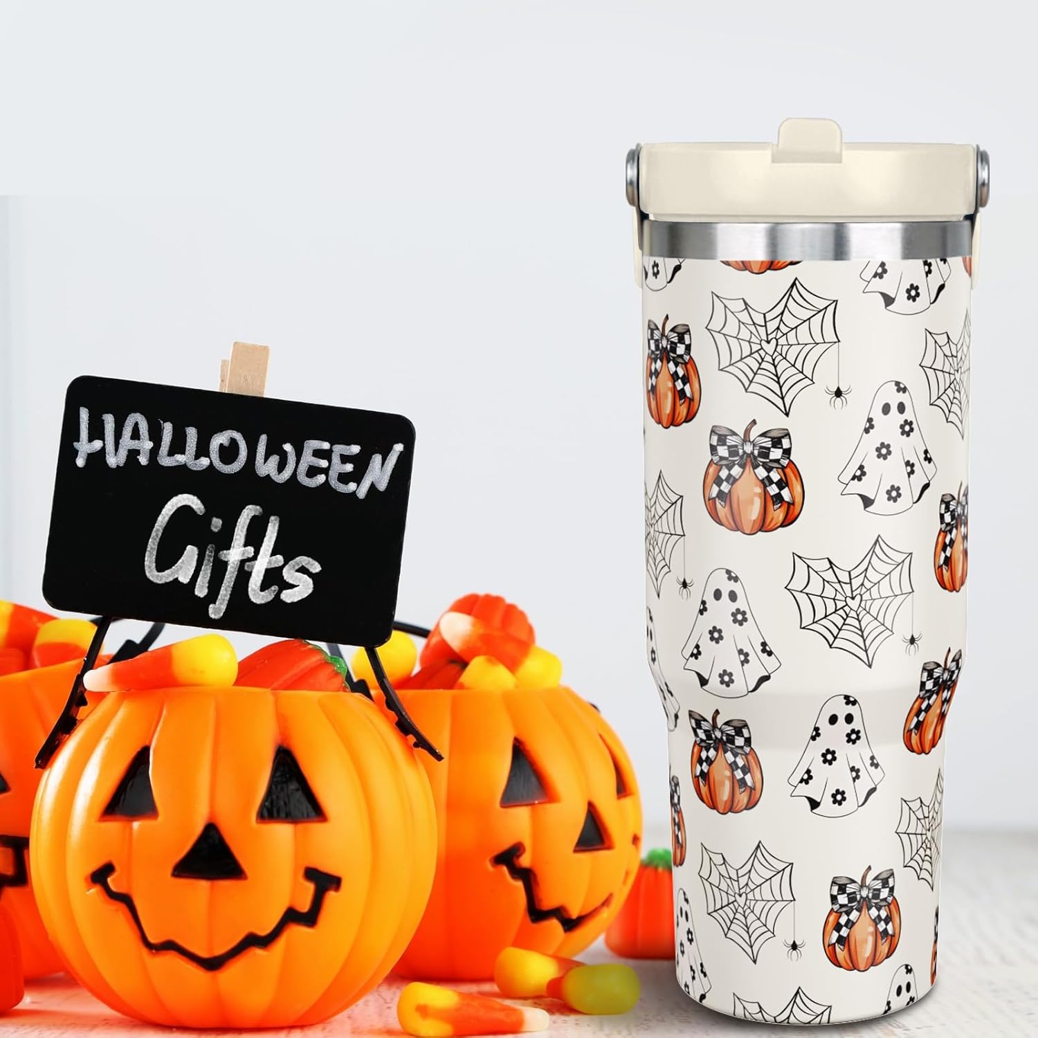 30 oz Halloween Tumbler with Lid and Straw, Ghost Pumpkin Bow Tumbler Insulated Coffee Travel Mugs Cup Water Bottle Cute Halloween Gifts for Women Girls - Image 4