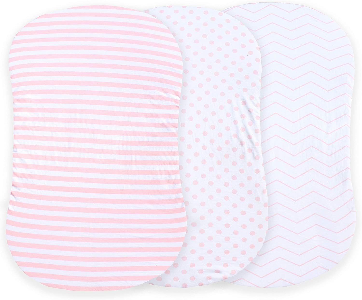NODNAL CO. 3 Fitted Bassinet Sheets Pink Set for Baby Girl - 100% Oeko-TEX Cotton - Chevron, Polka Dot and Stripe - for Cradle/Moses Basket Hourglass, Oval & Rectangle Mattress Sheet