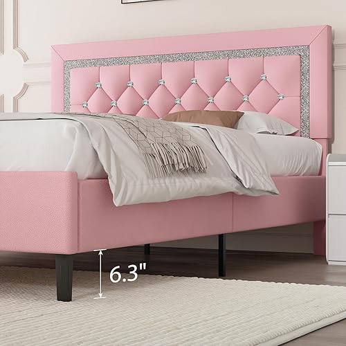 Miniatura 50 de BarnFurin Base de cama tamaño matrimonial con cabecera de botones copetudos, plataforma tapizada con diseño de diamante, soporte de listones de