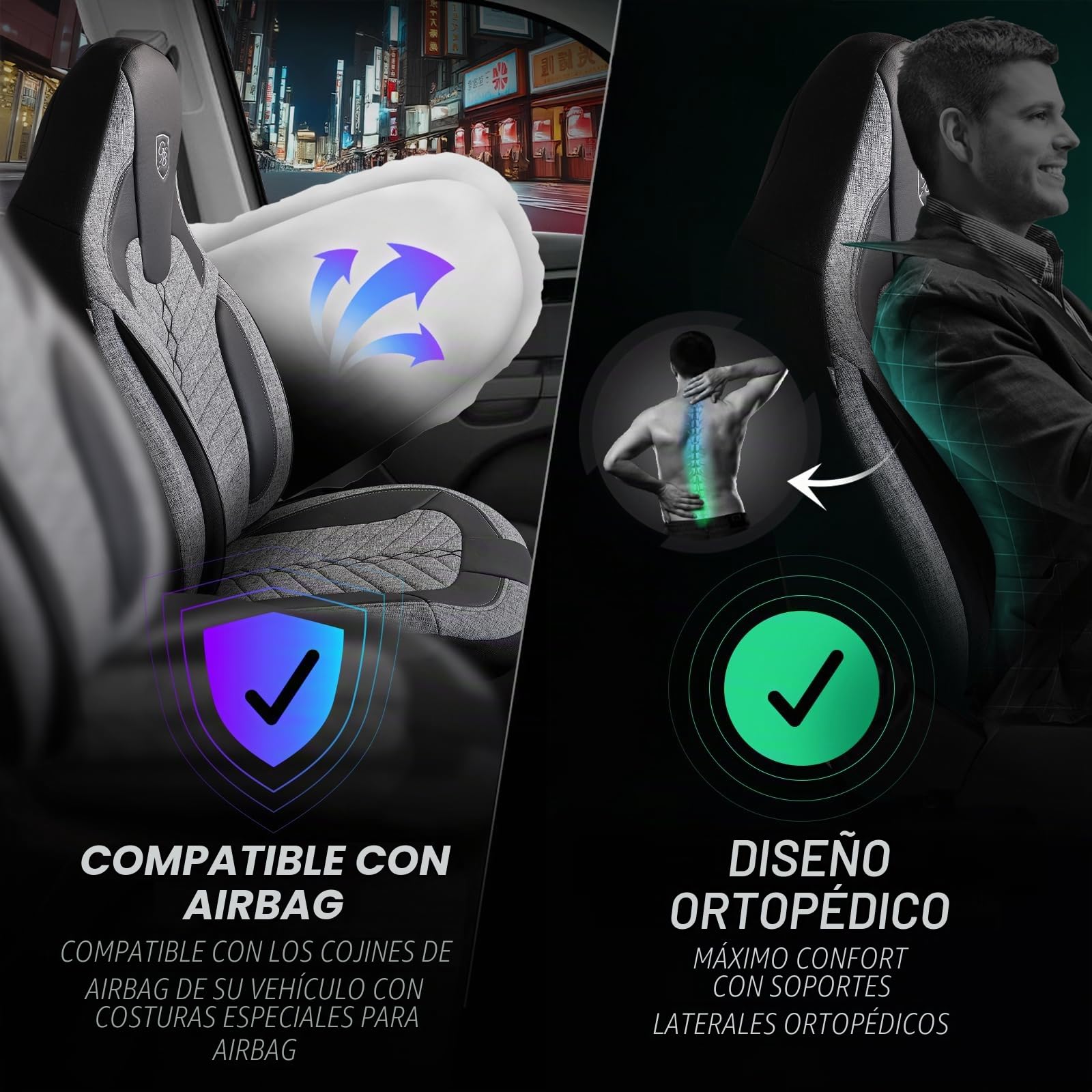 Fundas de asiento de coche universales para coches y SUV – Fundas para asientos delanteros de coche, de lino, gris-negro, compatible con airbag, funda para asiento de coche, juego