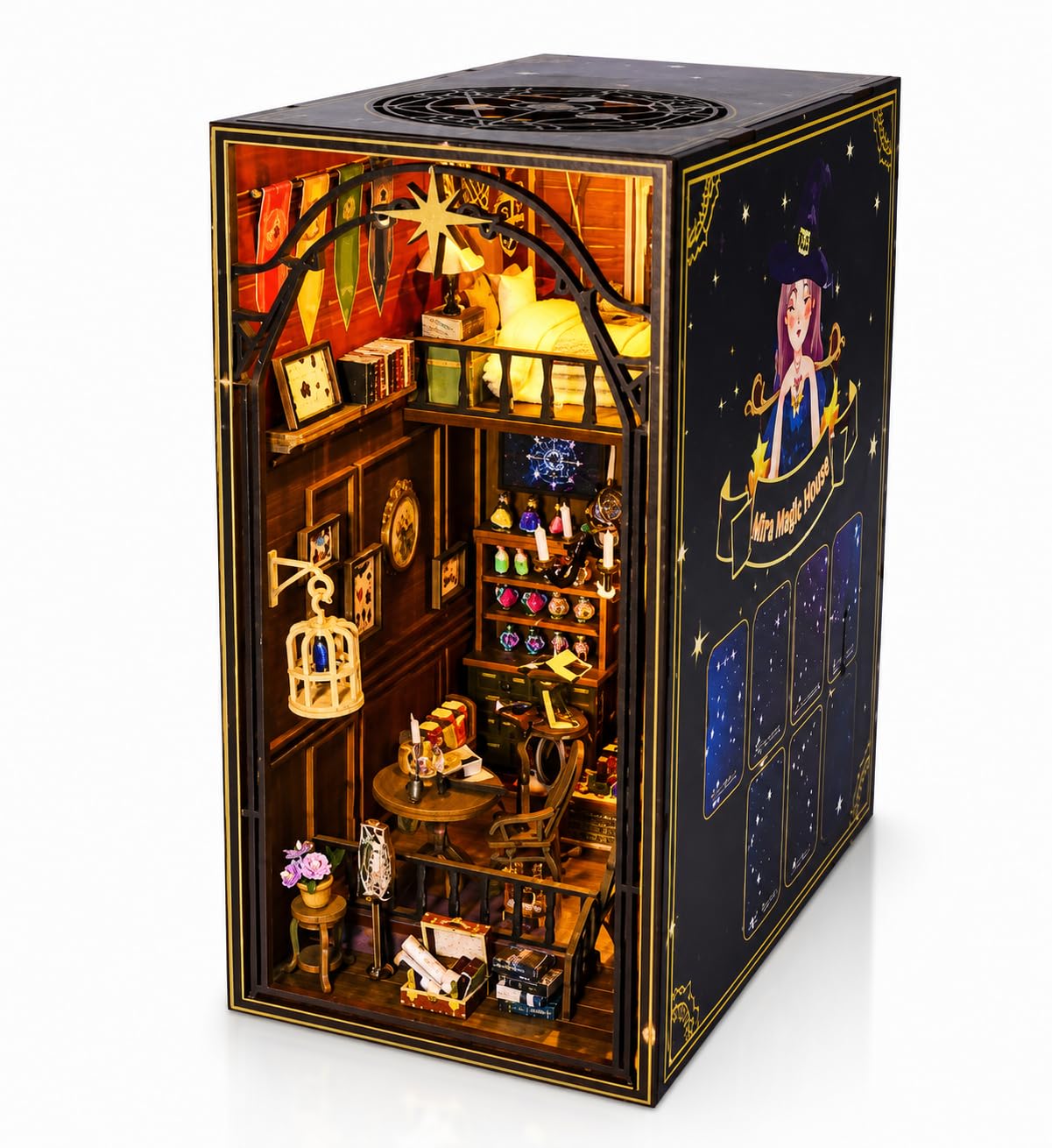 Mira Magic House DIY Book Nook Kit with Motion Sensor LED Light, Wooden Miniature Bookshelf Insert, 3D Puzzle Craft Kit for Adults & Teens, Fantasy Home Decor Gift