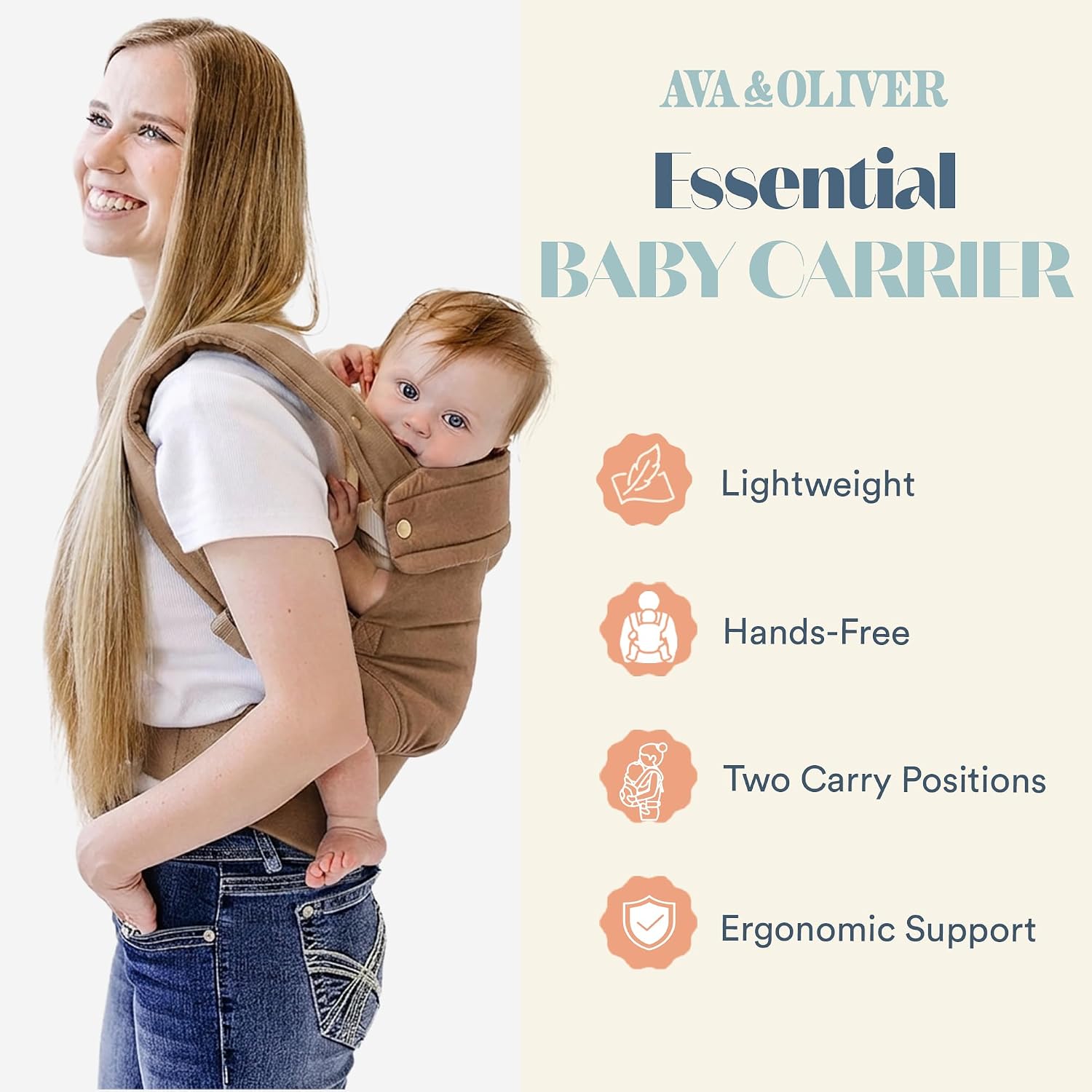 Ava & Oliver Essential Baby Carrier – Ergonomic, Hip-Healthy Soft Structured Carrier for Infants & Toddlers (7–35lbs) – Front and Back Carry, Breathable Fabric, Stylish & Lightweight (Coffee)