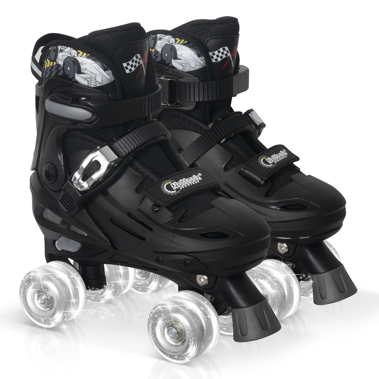 Nattork Kids Adjustable Roller Skates for Boys Girls Teens Ages 4-16, Indoor Outdoor Quad Skates with Car Design, Gift for Birthday Christmas