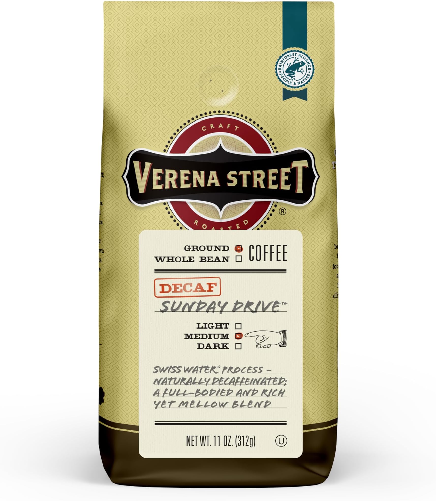 Verena Street 11 Ounce Ground, Swiss Water Process Decaf Coffee, Sunday Drive Decaffeinated, Medium Roast Rainforest Alliance Certified Arabica Coffee