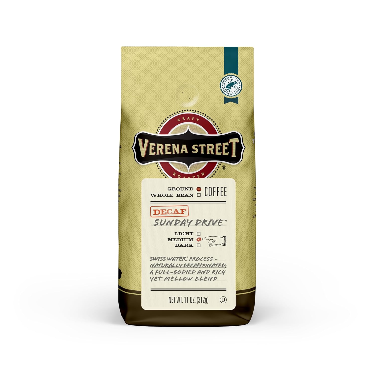 Verena Street 11 Ounce Ground, Swiss Water Process Decaf Coffee, Sunday Drive Decaffeinated, Medium Roast Rainforest Alliance Certified Arabica Coffee