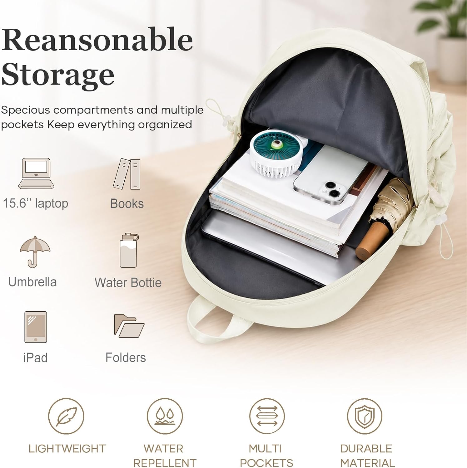 School Backpack for Teen Girls Lightweight College Backpack Women Travel Backpacks Waterproof High School Bookbag for Men Classic Casual Daypacks(Beige)