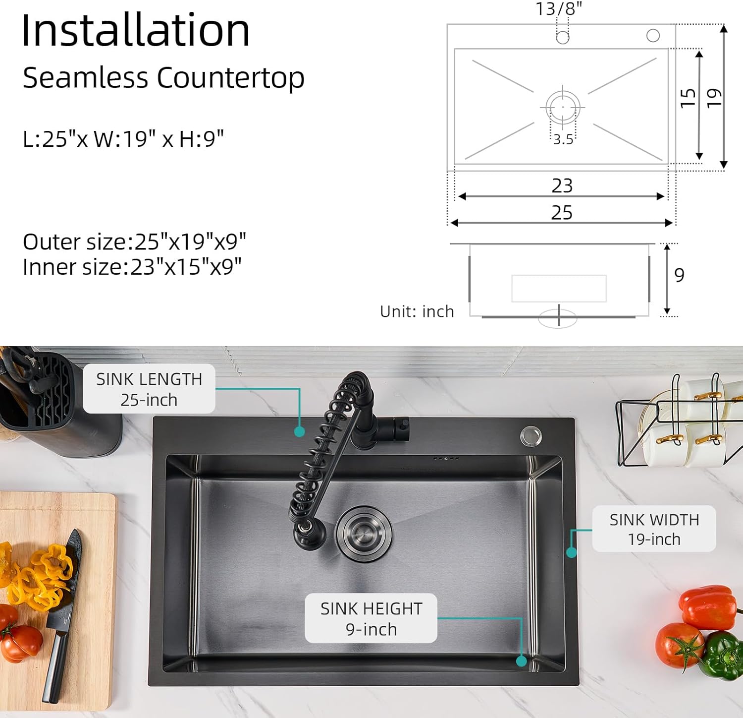 top-mount kitchen sink,25 inch drop in black kitchen single bowl sinks,9 inch deep handmade overmount sinks, t304 stainless steel nano workstation sink with accessories