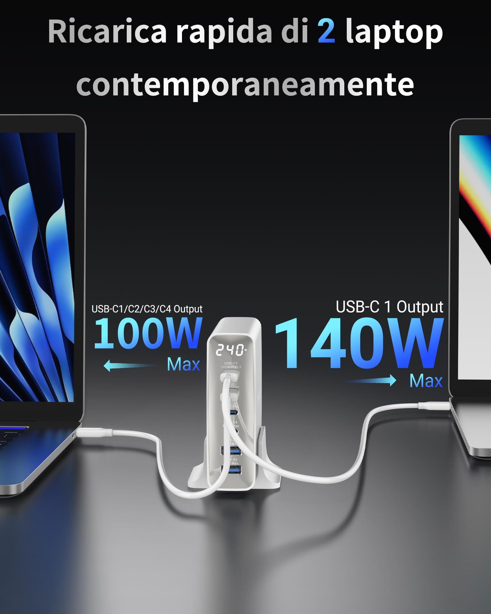 240W Caricatore USB C 6 porte, Caricabatterie GaN PD3.1 con display LED, Stazione di ricarica rapida da tavolo per MacBook Pro/Air, per iPhone Pro/iPad Pro/Dell XPS/Galaxy/Laptop e altro, Bianco